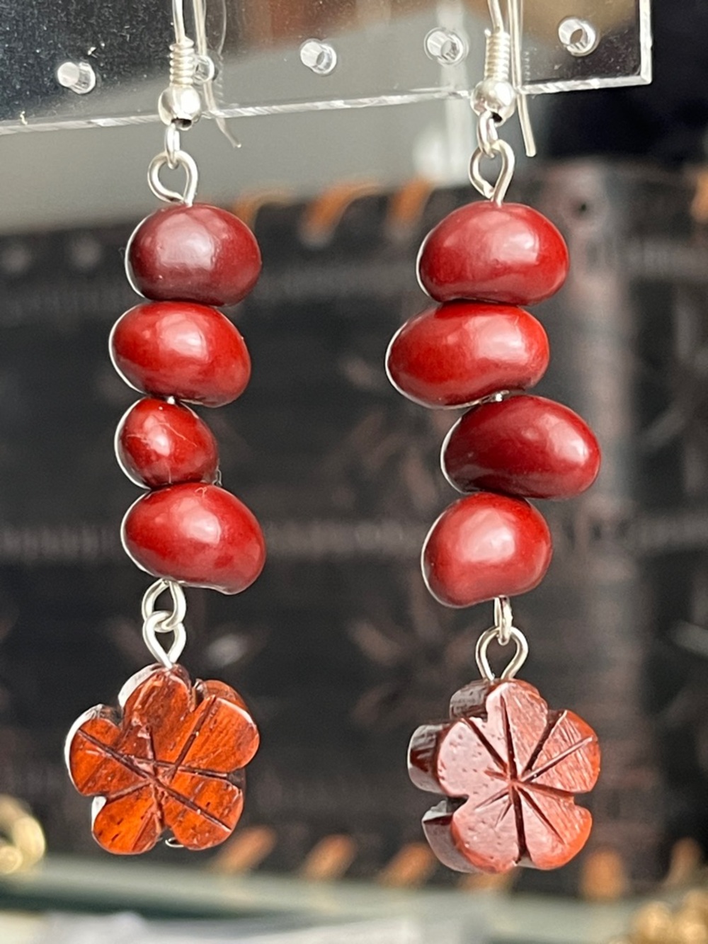 Hand Crafted Deep Red Seeds & Flower Wood Earrings